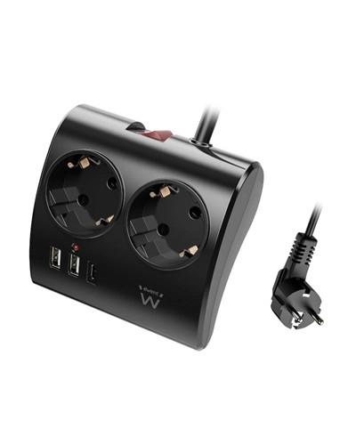 EWENT EW3871 Regleta 2  Shucko 2 Usb-A 1 Usb-C Neg