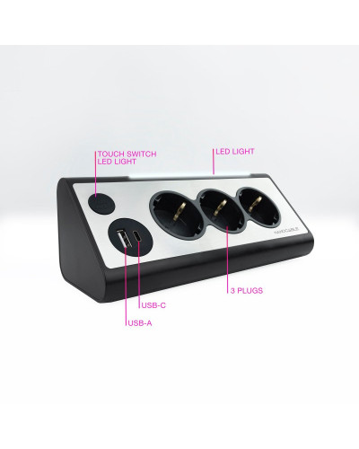 Nanocable Regleta 3 tomas schuko + 2 USB luz Negro