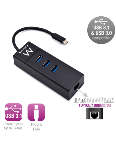 EWENT EW1141 Hub Tipo-C 3Pts.USB 3.1+1pto. GIGABIT
